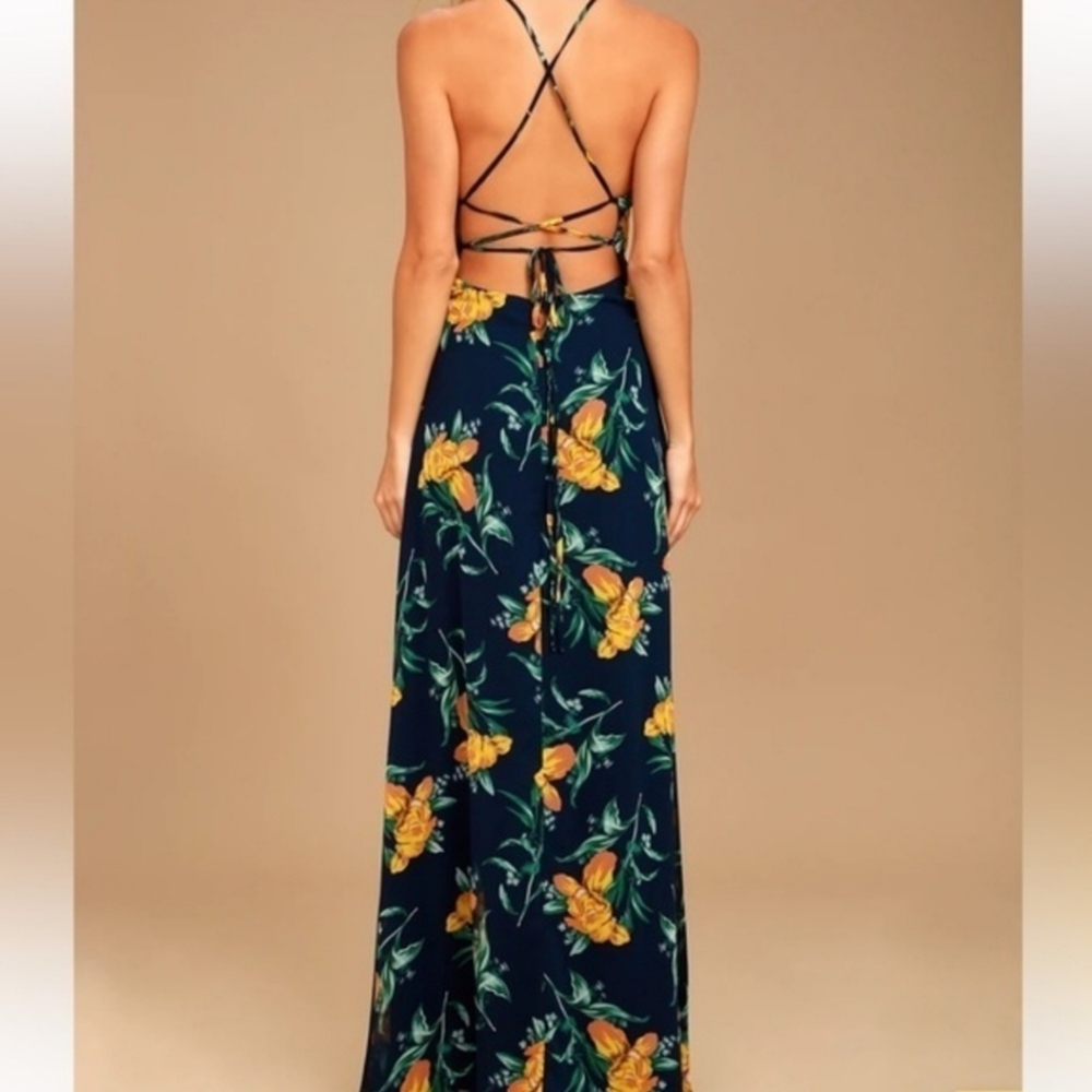 Lulu’s Adventure Seeker Navy Blue and Yellow Floral Print Maxi Dress Size S